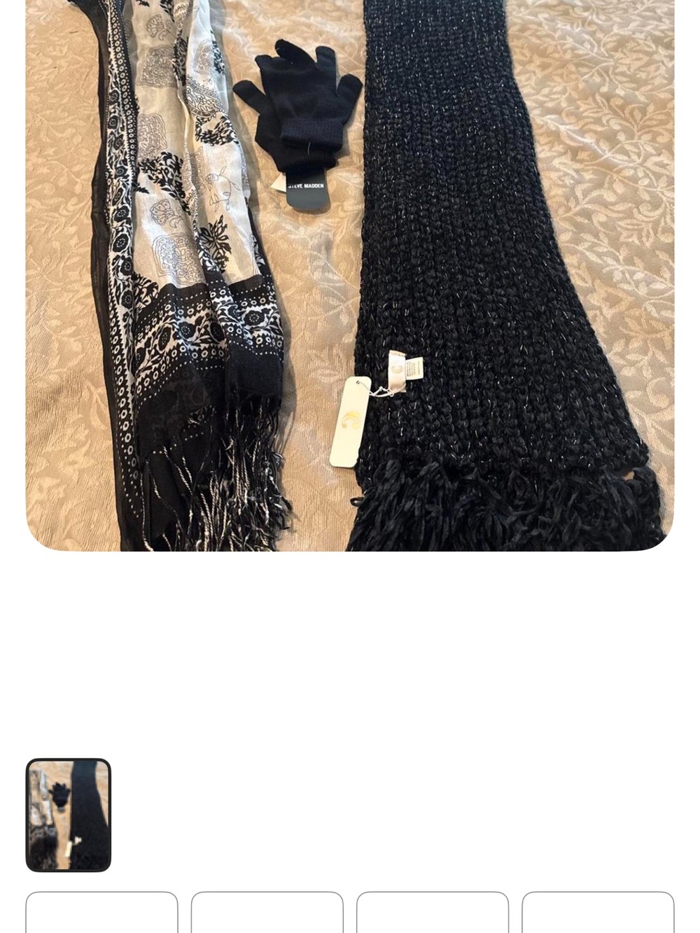 2 Scarves - Black Knit Fringe Scarf and White/Black Printed Scarf; Gloves